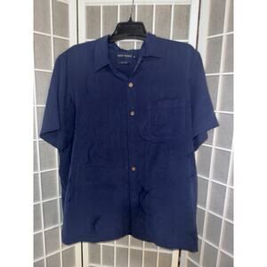 Grant Thomas Pure Silk Short Sleeve Button Front Shirt Size L Navy Blue Basic